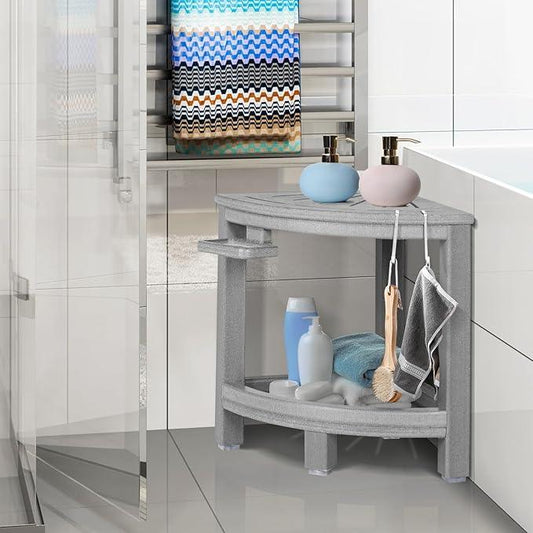 LOENIY 2-Tier Corner Shower Stool with Hooks & Soap Dish, HDPE Shower Bench for Shaving Legs, Wood-Like Shower Stool for Inside Shower with Non-Slip Foot Pads, Waterproof Shower Foot Rest (Grey) - ModernBath