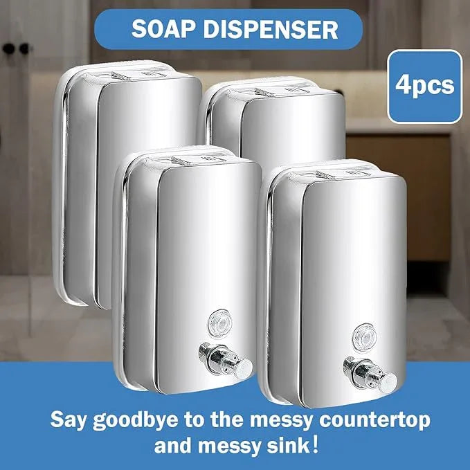 4 Pack 1000ml Commercial Soap Dispenser Wall Mount, Stainless Steel Hand Soap Dispenser for Bathrooms, Refillable Hand Sanitizer Dispenser for Home, Hotels, Restaurants, Hospitals (Silver) - ModernBath