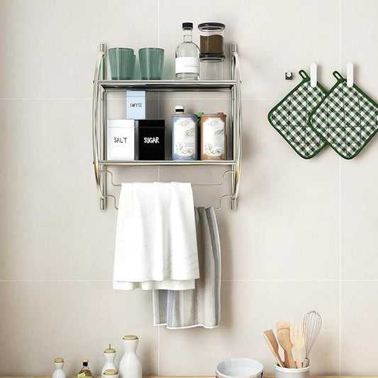 GOFLAME Wall Mounted Bathroom Shelf, 2-Tier Chrome Towel Rack with Leaky Design Shelves, Towel Bars, Chrome Bathroom Shelf for Living Room Kitchen Bathroom (1, Silver) - ModernBath