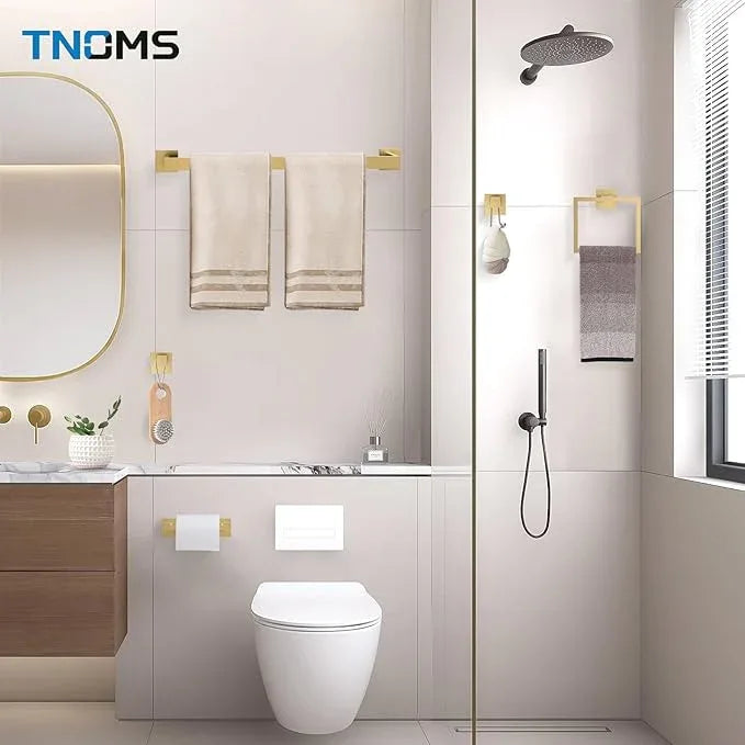 TNOMS 5-Piece Towel Bar Set Brushed Gold Bathroom Hardware Accessories Set Includes Upgraded Double Base Toilet Paper Holder,Modern Square Towel Holder Set Stainless Steel Wall Mount 23.6 Inch - ModernBath