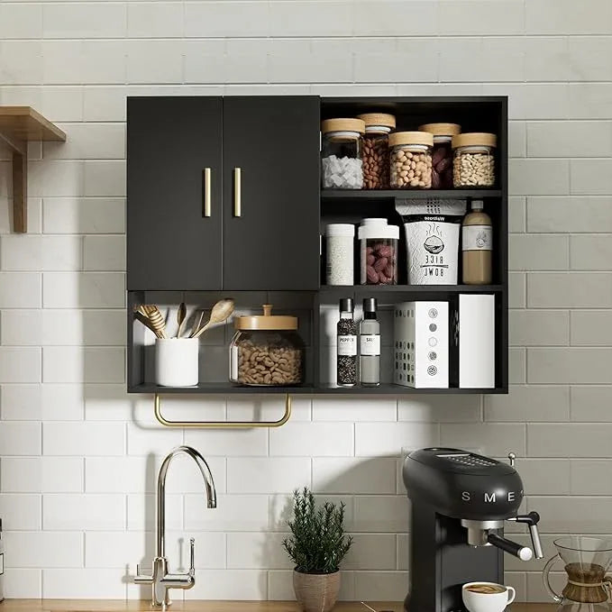 Bathroom Wall Cabinet Wood Large Wall Mounted Medicine Cabinet with 2 Doors and 4 Open Shelves Over Toilet Storage Cabinet Organizer with Towel Bar, Black - ModernBath