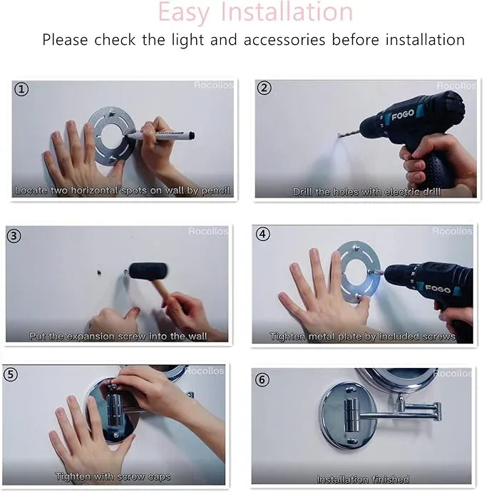 Rocollos Rechargeable Wall Mounted Lighted Makeup Mirror Chrome, 8 Inch Double-Sided LED Vanity Mirror 1X/10X Magnification,3 Color Lights Touch Screen Dimmable 360°Swivel 13 Inch Extendable - ModernBath