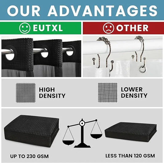 EUTXL Long No Hook Shower Curtain with Snap in Liner,230GSM Waffle Weave Shower Curtains for Bathroom,71W x 80H(78"),Black - ModernBath