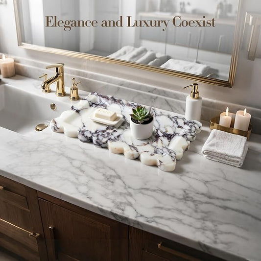 SAMAH Calacatta Viola Natural Marble Tray, Scalloped Bathroom Tray, Luxury Decorative Trays for Bathroom, Vanity, Dresser, Kitchen & Home Decor, House Warming Gifts New Home (Rectangle,12x7.4 Inch)