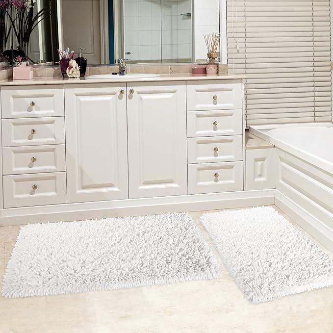 Yimobra Bathroom Rug Set 2 Piece, Luxury Shaggy Bath Mat Set with Non Slip Backing, Ultra Soft & Absorbent Mats for Bathroom Floor, Machine Washable, 31.5"x20"+24"x17", White - ModernBath
