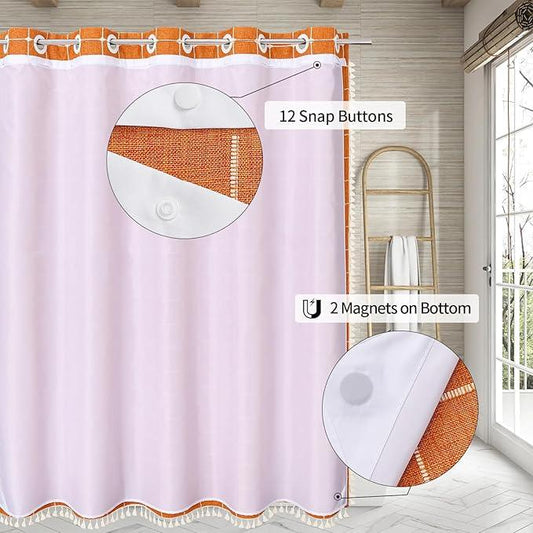 MitoVilla No Hooks Needed Orange Boho Shower Curtain with Snap-in Liner, Farmhouse Cotton Linen Fabric Shower Curtains with Tassels for Rustic Neutral Bathroom Decor, Burnt Orange, 72 x 74 - ModernBath