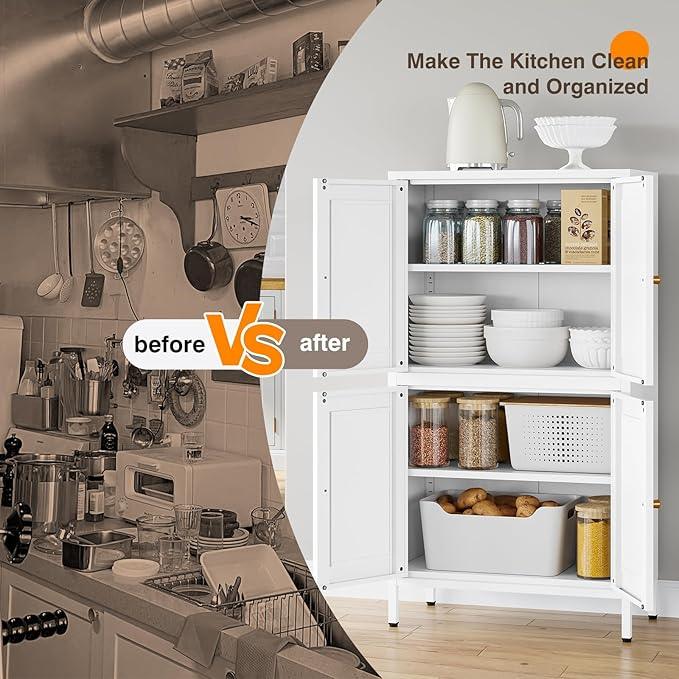 Yizosh Metal Pantry Cabinet,Tall Kitchen Pantry Storage Cabinet with 4 Doors and 2 Adjustable Shelves - 43" White Cupboard Cabinet for Kitchen,Living Room,Dining Room,Home - ModernBath