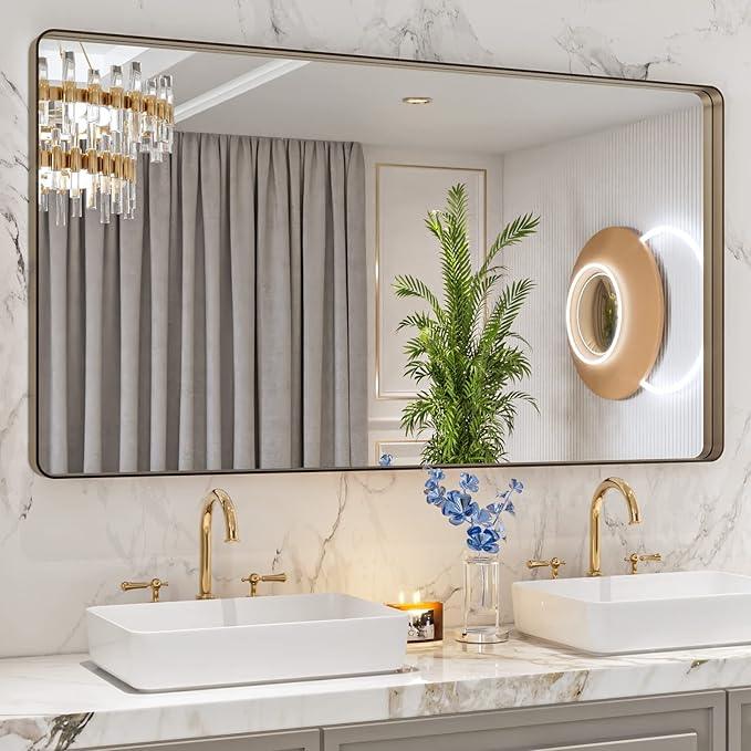 LOAAO 55”X30” Bronze Bathroom Mirrors for Vanity, Rounded Rectangle Brushed Bronze Metal Frame Mirror, Anti-Rust, Tempered Glass, Hangs Horizontally or Vertically - ModernBath