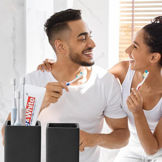 Black Square Toothbrush Holders for Bathrooms - 2 Cups Ceramic Square Toothbrush Toothpaste Holders Set, Bathroom Tumbler Cups Reusable Toothbrush Mouthwash Cup, Bathroom Counter Organizer. - ModernBath
