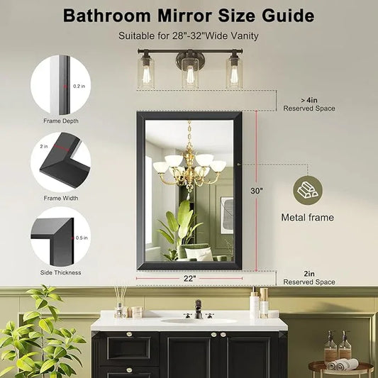 Black Bathroom Mirror for Over Sink, 22x30Inch Thick Anti-Rust Metal Frame, Rectangle Decorative Wall Mirror with HD Tempered Glass Horizontal or Vertical Mount for Vanity, Bedroom, Living Room - ModernBath