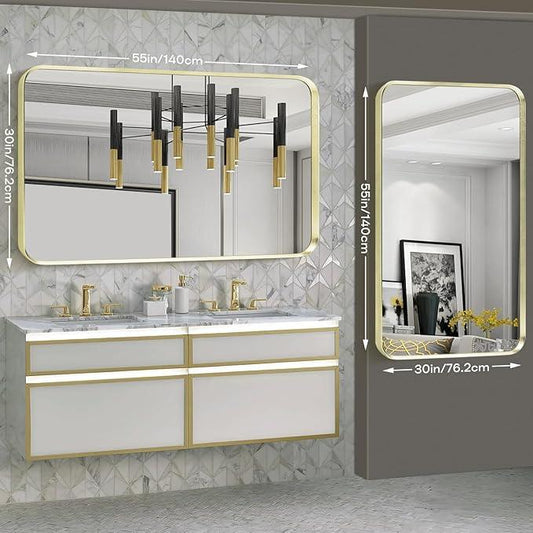 Minuover Gold Metal Framed Bathroom Mirror for Wall, Large Brushed Gold Rounded Corner Rectangular Bathroom Vanity Mirror, Anti-Rust, Tempered Glass, Hangs Horizontally or Vertically (30" x 55", Gold) - ModernBath