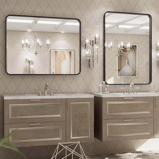 miroro Black 48x36 Inch Metal Framed Mirror for Wall, Large Rounded Rectangle Mirror, Anti-Rust, Tempered Glass, Hangs Horizontally or Vertically - ModernBath