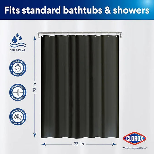 CLOROX Shower Curtain Liner, Premium Medium Weight Flexible Waterproof 6g PEVA for Bathroom with Weighted Magnets, Standard Size 72" x 72", Black 1 Pack - ModernBath