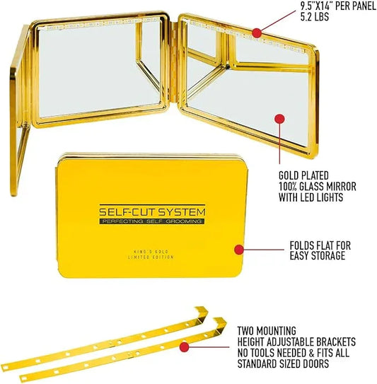 Self-Cut System Gold Plated 3 Way Mirror with Lights for Self Hair Cutting, Trifold Barber Mirror with Height Adjustable Hooks, 360 View, Includes Free Educational Mobile App (King’s Gold) - ModernBath