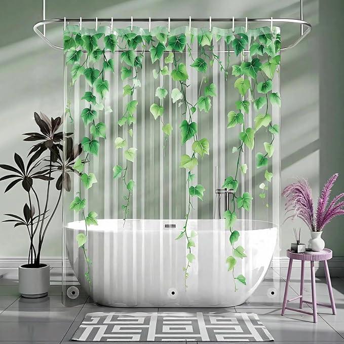 Clear Green Ivy Leaves Shower Curtain Liner, Transparent Plastic Nature Green Botanical Leaf Decorative Waterproof Shower Curtains for Bathroom, 72x78 Weighted Magnetic Shower Curtain Liner with Hooks - ModernBath
