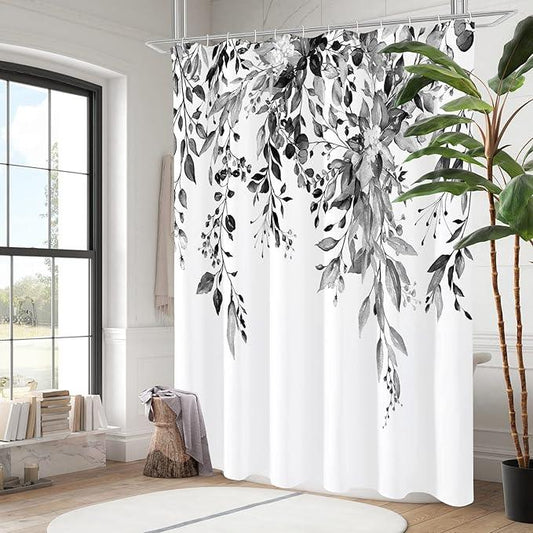 Gibelle Long Shower Curtain 72 x 78, Black and White Floral Shower Curtain, Watercolor Plant Eucalyptus Leaves Fabric Shower Curtain Set - ModernBath