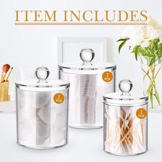 Meanplan 6 Pack Plastic Apothecary Jars with Lids Acrylic Holder Dispenser for Bathroom, 10/22/39 oz Clear Plastic Storage Jars Floss Container for Swab Cotton Ball, 3 Sizes (Acrylic Lid)