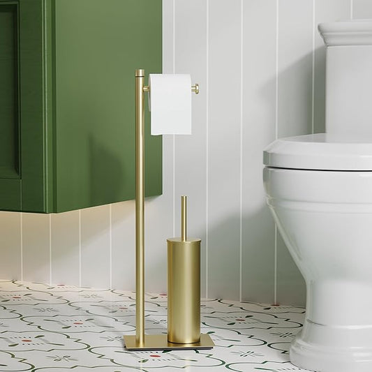 RUACQ Toilet Paper Holder Stand with Toilet Brush and Holder Set, 304 Stainless Steel Bathroom Toilet Tissue Paper Roll Holder Free Standing, Weighted Base, Heavy Duty (Brushed Gold)