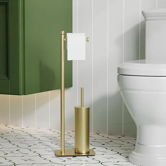 RUACQ Toilet Paper Holder Stand with Toilet Brush and Holder Set, 304 Stainless Steel Bathroom Toilet Tissue Paper Roll Holder Free Standing, Weighted Base, Heavy Duty (Brushed Gold) - ModernBath