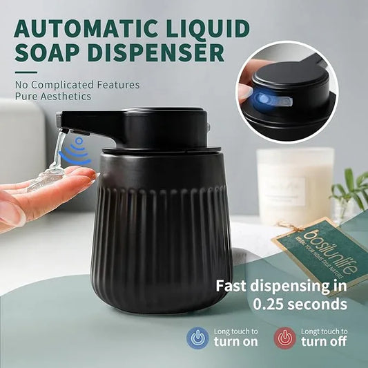 BosilunLife Ceramic Automatic Soap Dispenser with Extended Pump Nozzle, 3 Adjustable Levels, Touchless Lotion Liquid Hand Wash Dispenser for Bathroom & Kitchen, Striped Design, Black, 10oz - ModernBath