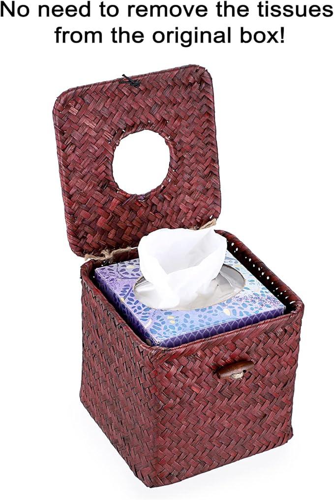 Sumnacon Tissue Box Cover Square Seagrass Tissue Box with Lid, Woven Tissue Box Holder Rustic Cube Tissue Cover for Bathroom Toilet Bedroom Living Room Kitchen Table Desk Office Car, Red Brown - ModernBath
