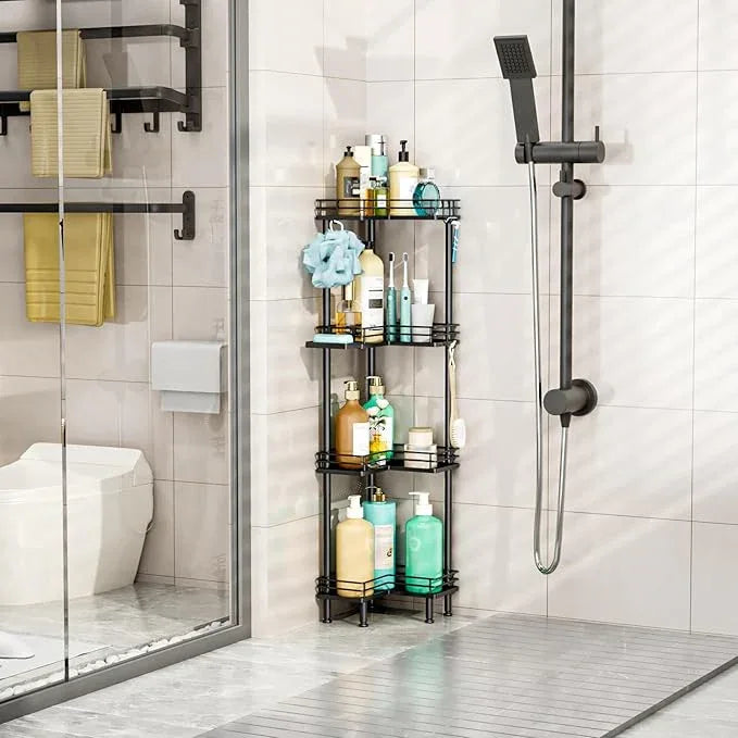 HapiRm Corner Shower Caddy Organizer - 4 Tier Shower Shelf Corner with Soap Holder, Rustproof Bathroom Standing Organizer with 4 Hooks, Black - ModernBath