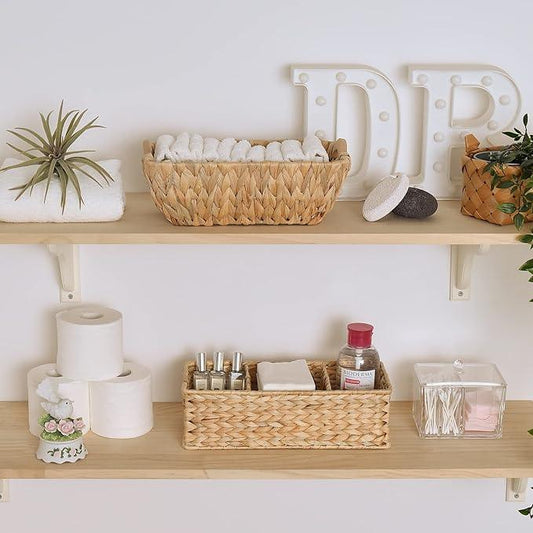 StorageWorks Wicker Basket Tank Topper, Wicker Storage Basket for Shelves, Toilet Paper Basket for Back of Toilet Tank Top, 3-Section Water Hyacinth Storage Baskets, 2-Pack - ModernBath