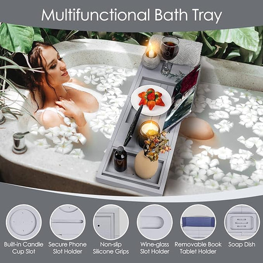 Foldable Bathtub Caddy Tray, Bamboo Bath Tub Tray Table for Tub with Wine Glass Holder Book Phone Tablet Holder with Extending Sides, Adjustable Bathroom Bathtub Free Soap Holder Gift Idea (Grey)