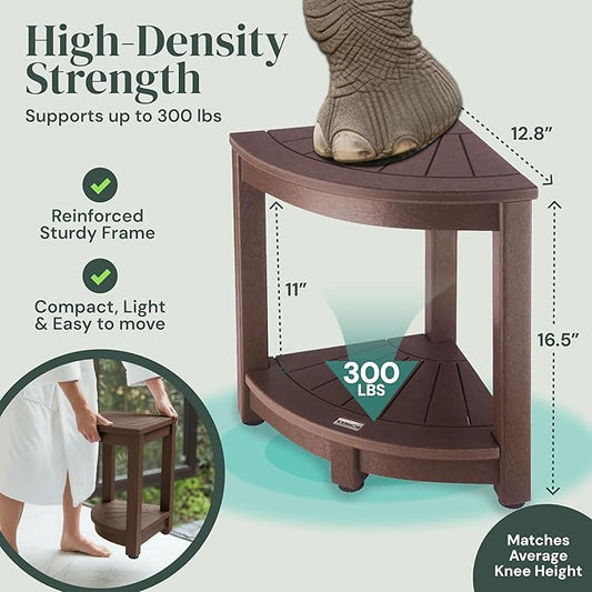 ROHKEX Corner Shower Stool - L-Shaped, Brown HDPE - Adjustable Non-Slip Legs & Corner Bench - Double-Layer Shelf & Shaving Stool - Protective Rubber Feet & Waterproof Bench Home Decor Gift Idea