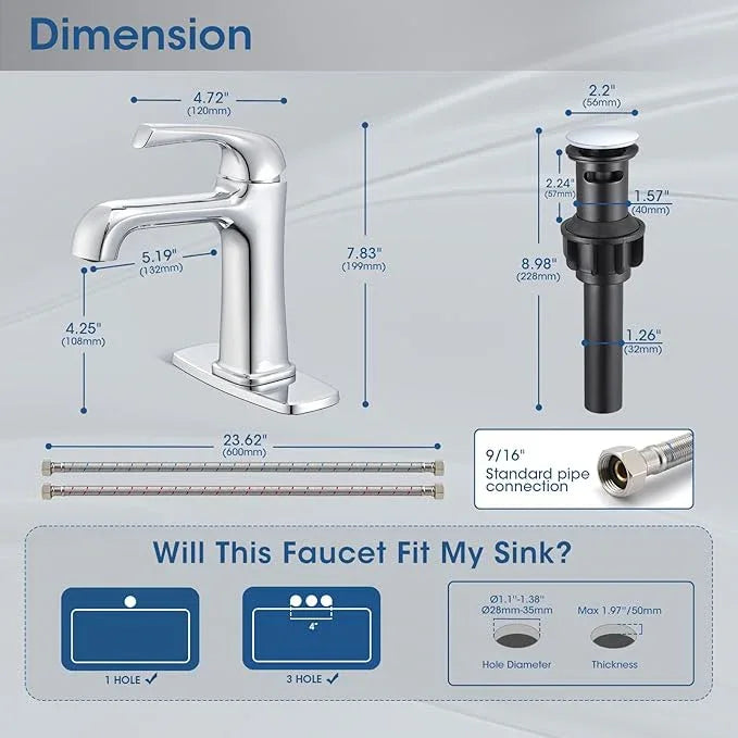 Polished Chrome Bathroom Faucet, Brass Single Hole Bathroom Faucets for 1 or 3 Holes, Vanity Faucet with Supply Lines and Deck Plate, Pop Up Drain - ModernBath