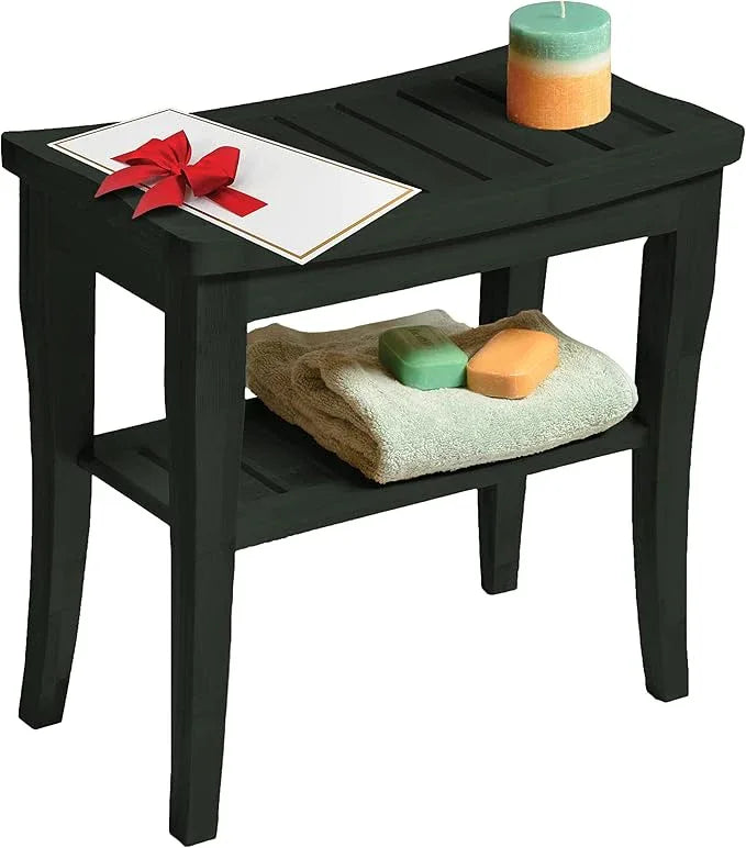 Black Shower Bench - Small Wooden Shower Stool with Storage Shelf, Non-Slip Bathroom Seat, Spa Decor Bath Bench, Foot Rest Shaving Stool for Shower, Indoor Outdoor Use, Great Gift Idea (17" x 9 x 17) - ModernBath