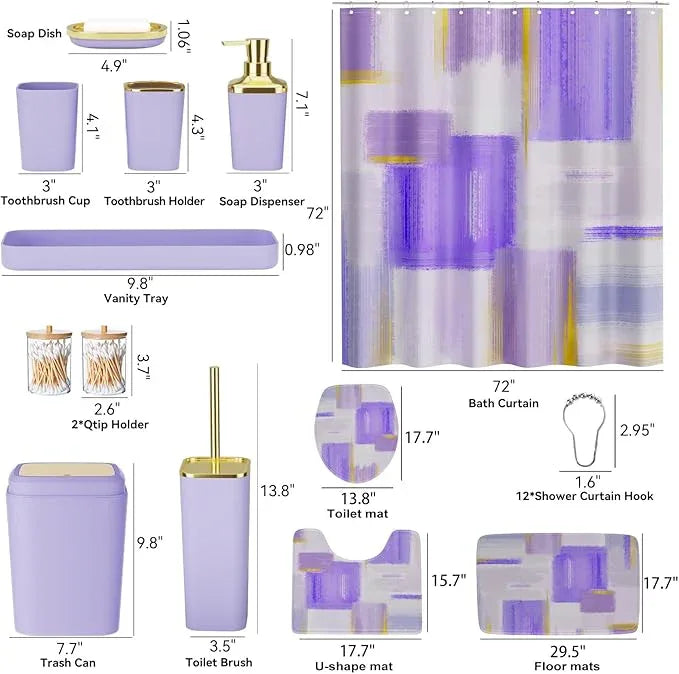 XLHOMO Bathroom Accessories Set - 25PC Bathroom Set with Shower Curtain and Rugs, Purple Bathroom Set, Bathroom Accessory Set with Press-on Lid Trash Can, Soap Dispenser and Qtip Holders - ModernBath