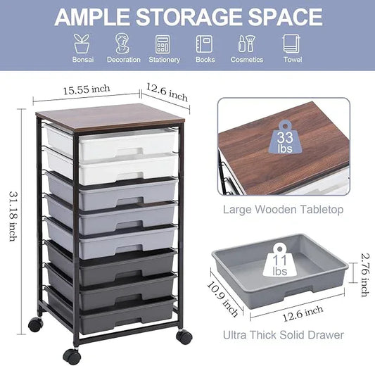 Rolling Cart with Drawers,Utility Cart With 8 Drawers and Wooden Tabletop for Living Room,Classroom,Bedroom,Bathroom,Dorm,Office,Dark Grey - ModernBath