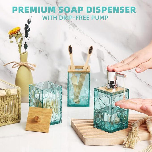 GAHEFY Teal Blue Beach Bathroom Accessories Set, Toothbrush Holder, Soap Dispenser, Cotton Swabs Holder, Soap Dish, Toilet Brush with Holder, Boho Bamboo Bathroom Decor,Acrylic (Teal) - ModernBath