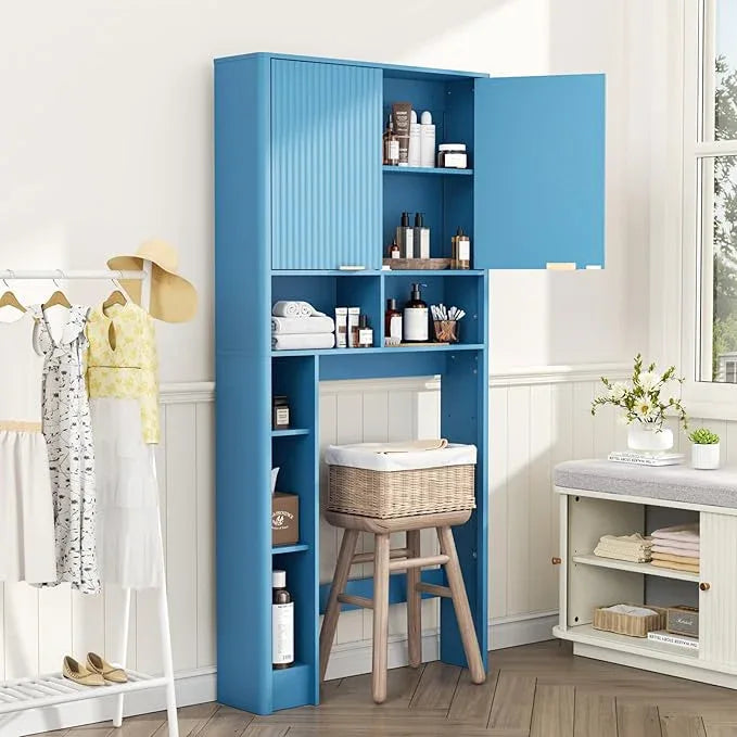 31" W Over The Toilet Storage Cabinet with Fluted Door, Blue Bathroom Organizer with Adjustable Shelf, Toilet Paper Holder Stand Wave Door for Restroom, Laundry Room - ModernBath