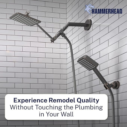 HammerHead® Solid Metal Dual Shower Head Combo — 8" Square Rain Shower Head with Handheld, 12" Adjustable Arm & Wall-Mount Holder for Flexible Installation — Oil Rubbed Bronze