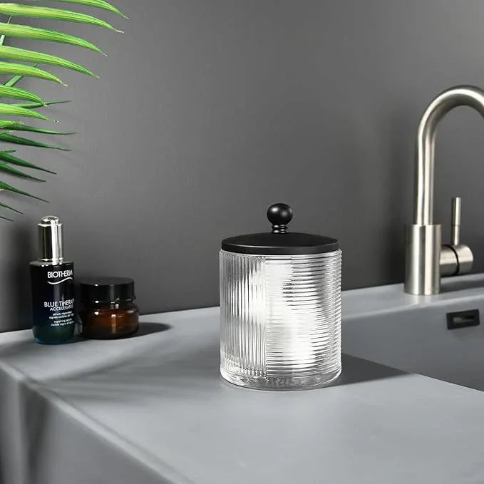 Indecor Home Clear Transparent Apothecary Ribbed Geometric Etched Glass Jar W/Matte Black Metal Lid Cover for Bathroom Organization, Cotton Balls, Q Tips, and Small Accessories, Bathroom Storage - ModernBath