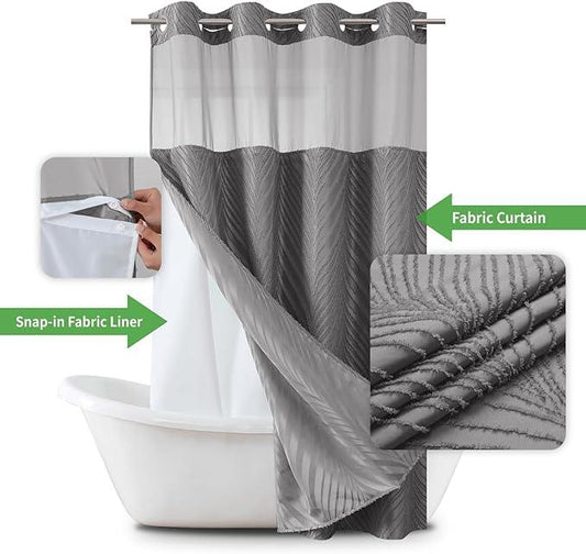 eachope stall no Hook Tufted Shower Curtain with snap in Liner Set, White Waterproof Fabric Inner Liner,Boho Style Shower Curtain with See Through top Window, WarmGrey, 54Wx80H - ModernBath