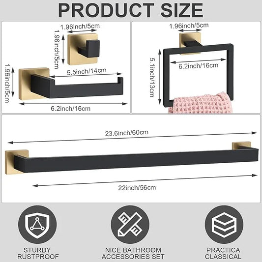 Gisafai 20 Pcs Black Gold Bathroom Hardware Accessories Set 23.6 Inch Bath Towel Bar Kit Stainless Steel Bathroom Hardware Set Towel Racks Ring Robe Hooks Paper Holder for Wall Mounted - ModernBath