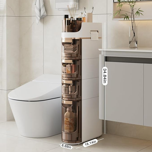 VECELO 4-Tier Slim Bathroom Storage Cabinet with Wheels, Skinny Bathroom Storage Cabinet with Drawers, Toilet Paper Holder, Movable Narrow Floor Cabinet for Small Space, Bathroom