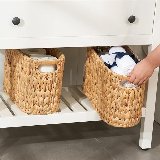 FairyHaus Wicker Toilet Paper Storage Basket with Buit-in Handles, 6 Rolls Natural Water Hyacinth Toilet Paper Holder Stand with Storage, Freestanding Handwoven Toilet Paper Holder Basket for Bathroom - ModernBath