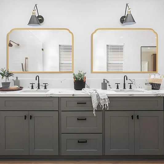 Ferytange 36X24 Inch Gold Bathroom Vanity Mirror for Over Sink, Modern Rounded Corner Fireplace Decor Mirror with Non-Rusting Iron Metal Framed - ModernBath