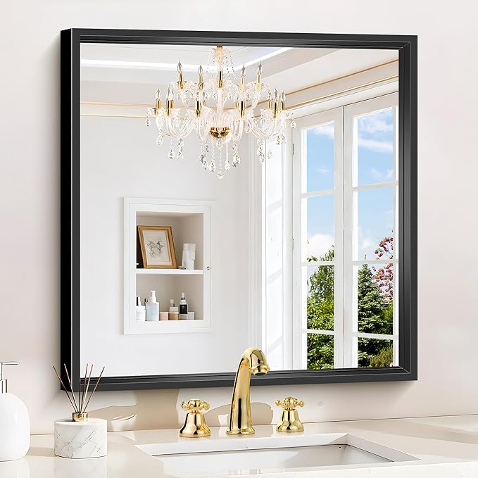 CIVENO 24x24 Square Black Mirror, Bathroom Mirrors for Over Sink 0.6" Thickened Deep Frame, Brushed Black Rectangle Mirrors for Wall, Shatterproof Tempered Glass, Antirust, Horizontally or Vertically