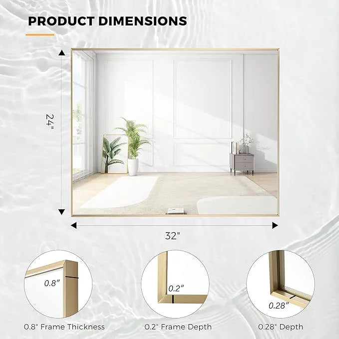Bonverre 24x32 Inch Brass Bathroom Mirror for Wall, Aluminum Frame Rectangle Rectangular Vanity Mirror, Modern Large for Bedroom, Living Room, Horizontal or Vertical - ModernBath