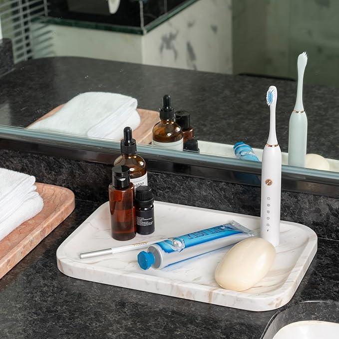 Karibiber Marble Vanity Tray, Marble Bathroom Tray Countertop, Decorative Trays for Dresser Organizer, White Stone Storage Serving Trays for Kitchen, Perfume, Jewelry Cathall Holder - ModernBath