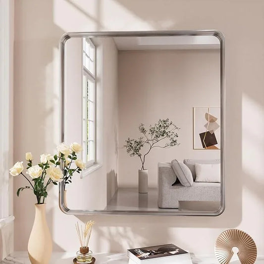 JISOSO Brushed Nickel Bathroom Mirror 38x38 Inch, Brushed Silver Metal Frame Mirror Wall Mounted, Rounded Bathroom Vanity Mirror, Tempered Glass, Anti-Rust, Horizontal/Vertical - ModernBath
