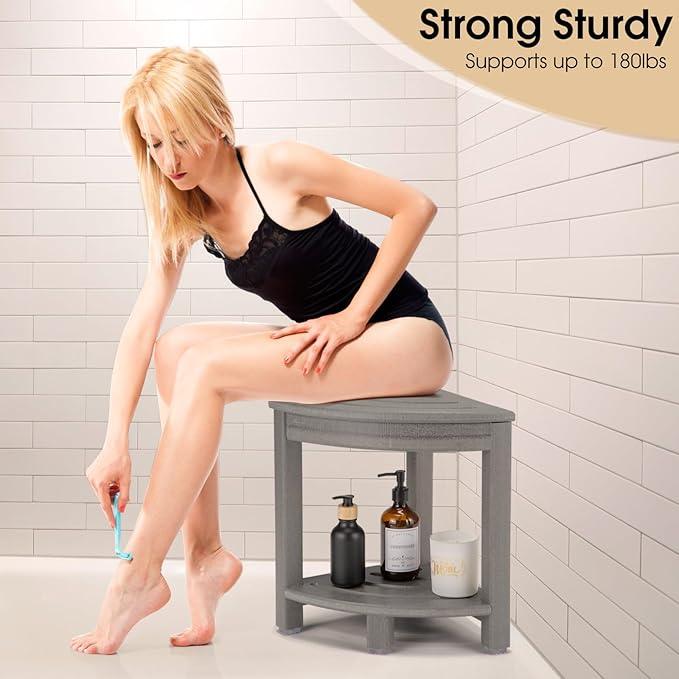 Apolimi HDPE Corner Shower Stool,Shower Bench Seat with Storage Shelf for Shaving Legs Plastic Spa Bath Step Foot Rest for Bathroom Small Place (Grey) - ModernBath