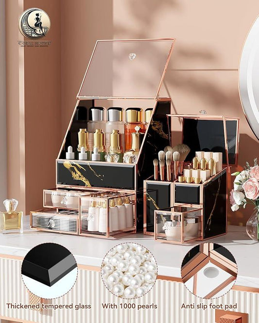 CoralHouse Makeup Organizer Black,Glass Vanity Organizer for Skincare, Perfume, Brushes & Lipsticks – Countertop Makeup Storage Box for Women, Bathroom or Dresser - ModernBath