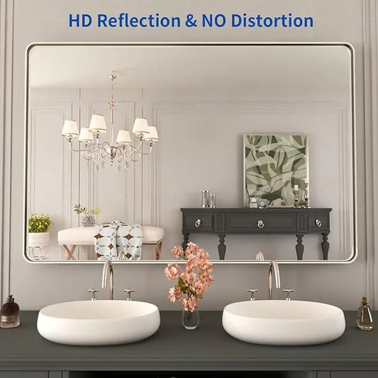 WEER 48X32 Inch Brushed Nickel Bathroom Mirror, Brushed Silver Metal Frame Mirror, Rounded Rectangle Silver Bathroom Vanity Mirror, Tempered Glass, Anti-Rust, Hangs Horizontally or Vertically - ModernBath