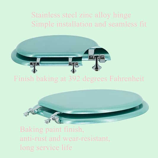 BLOFDE Elongated Toilet Seat Wood Toilet Seat Prevent Shifting with Zinc Alloy Hinges American Standard Size Toilet Seat Easy to Install also Easy to Clean(Elongated,Sparkling Turquoise)